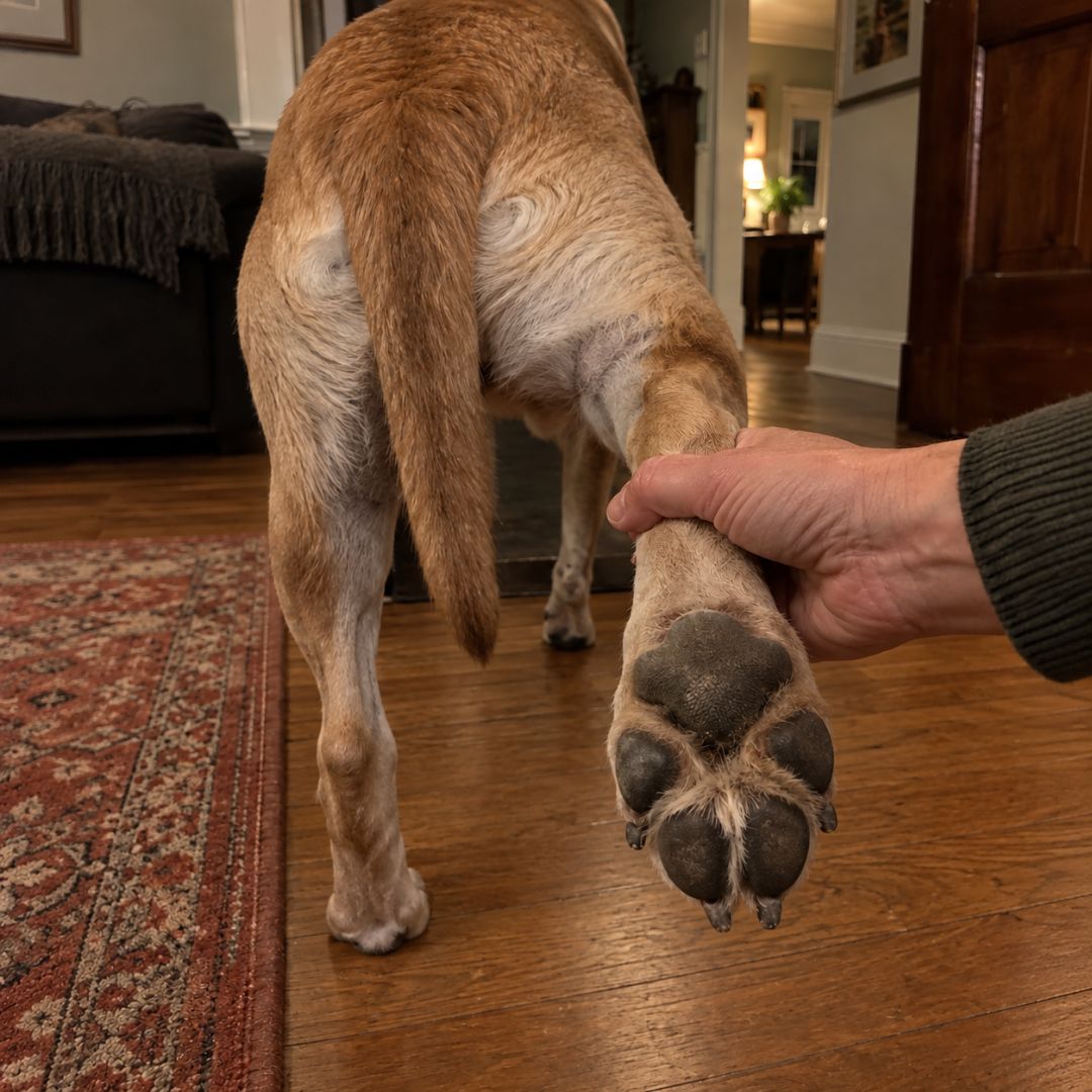 PHOTO — the guide open on a phone next to the leash, a dog's paw resting in an open hand behind it